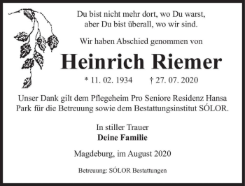 Traueranzeige von Heinrich Riemer  von Magdeburger Volksstimme