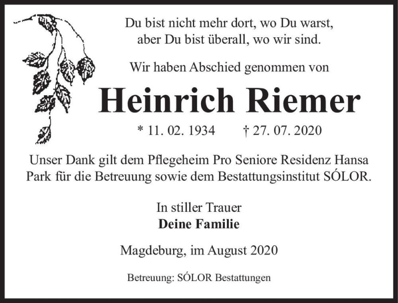  Traueranzeige für Heinrich Riemer  vom 15.08.2020 aus Magdeburger Volksstimme