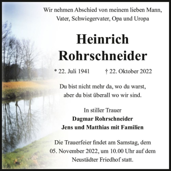 Traueranzeige von Heinrich Rohrschneider  von Magdeburger Volksstimme