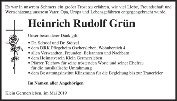 Traueranzeige von Heinrich Rudolf Grün  von Magdeburger Volksstimme