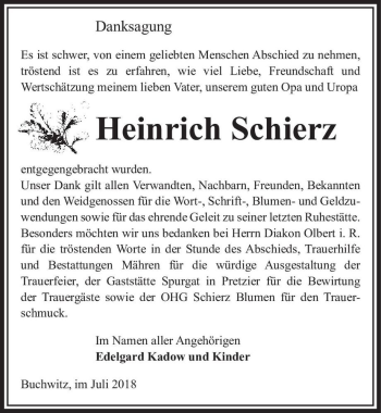 Traueranzeige von Heinrich Schierz  von Magdeburger Volksstimme