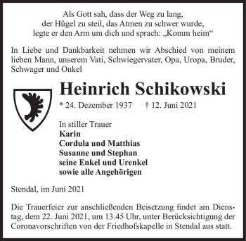 Traueranzeige von Heinrich Schikowski  von Magdeburger Volksstimme