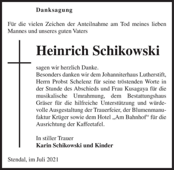Traueranzeige von Heinrich Schikowski  von Magdeburger Volksstimme