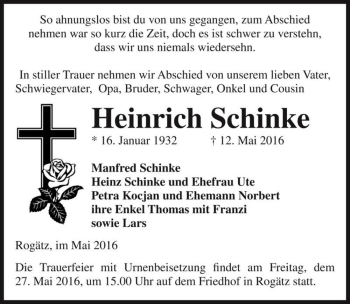 Traueranzeige von Heinrich Schinke  von Magdeburger Volksstimme