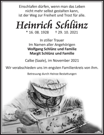 Traueranzeige von Heinrich Schlünz  von Magdeburger Volksstimme