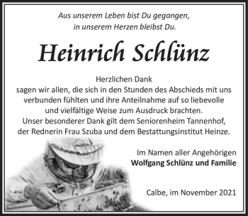 Traueranzeige von Heinrich Schlünz  von Magdeburger Volksstimme
