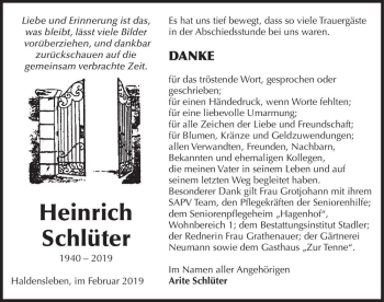Traueranzeige von Heinrich Schlüter  von Magdeburger Volksstimme