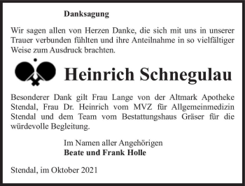 Traueranzeige von Heinrich Schnegulau  von Magdeburger Volksstimme