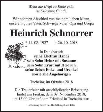 Traueranzeige von Heinrich Schnorrer  von Magdeburger Volksstimme