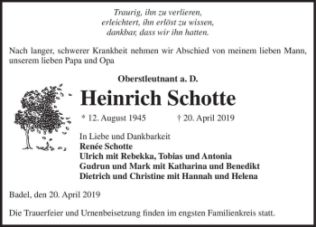 Traueranzeige von Heinrich Schotte  von Magdeburger Volksstimme