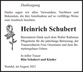 Traueranzeige von Heinrich Schubert  von Magdeburger Volksstimme