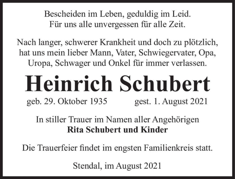  Traueranzeige für Heinrich Schubert  vom 06.08.2021 aus Magdeburger Volksstimme