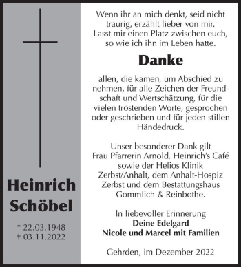 Traueranzeige von Heinrich Schöbel  von Magdeburger Volksstimme