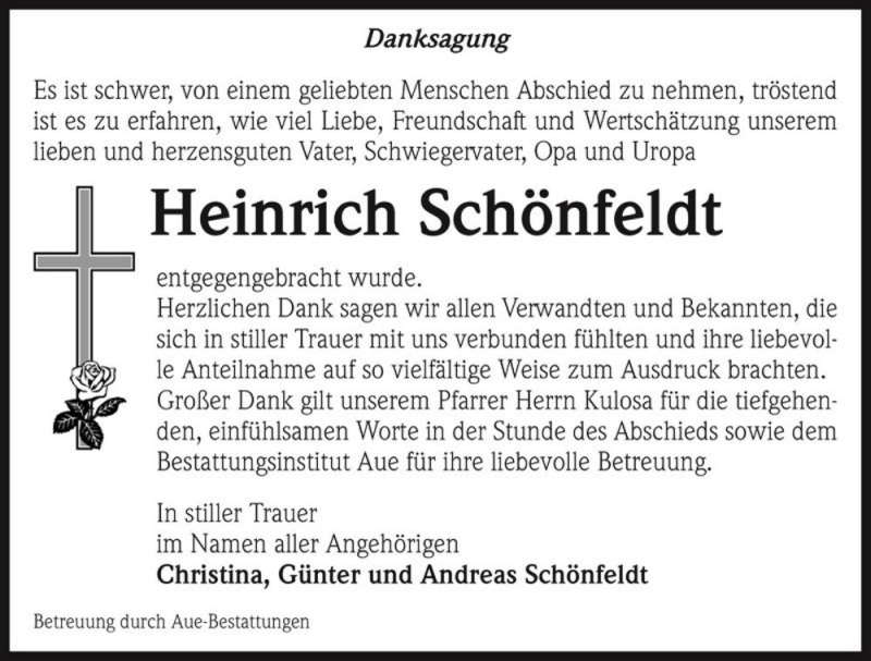  Traueranzeige für Heinrich Schönfeldt  vom 21.10.2017 aus Magdeburger Volksstimme