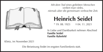 Traueranzeige von Heinrich Seidel  von Magdeburger Volksstimme