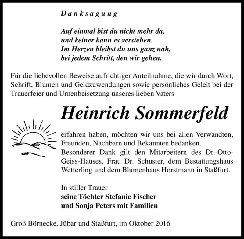  Traueranzeige für Heinrich Sommerfeld  vom 05.11.2016 aus Magdeburger Volksstimme