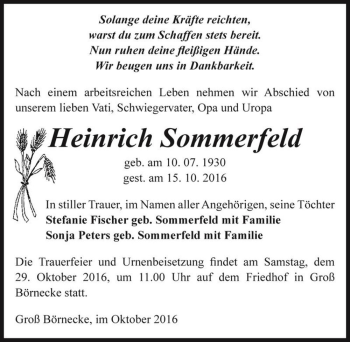 Traueranzeige von Heinrich Sommerfeld  von Magdeburger Volksstimme
