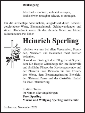 Traueranzeige von Heinrich Sperling  von Magdeburger Volksstimme