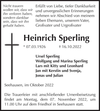 Traueranzeige von Heinrich Sperling  von Magdeburger Volksstimme