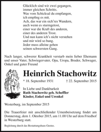 Traueranzeige von Heinrich Stachowitz  von Magdeburger Volksstimme