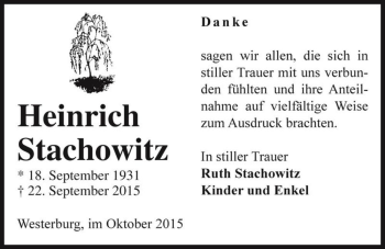 Traueranzeige von Heinrich Stachowitz  von Magdeburger Volksstimme