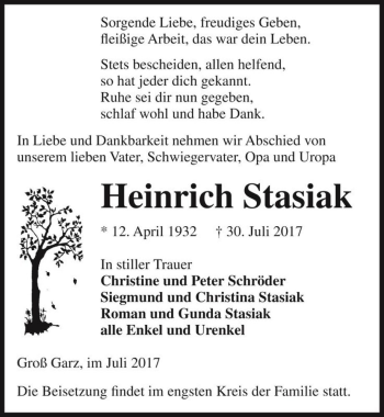 Traueranzeige von Heinrich Stasiak  von Magdeburger Volksstimme