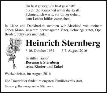 Traueranzeige von Heinrich Sternberg  von Magdeburger Volksstimme