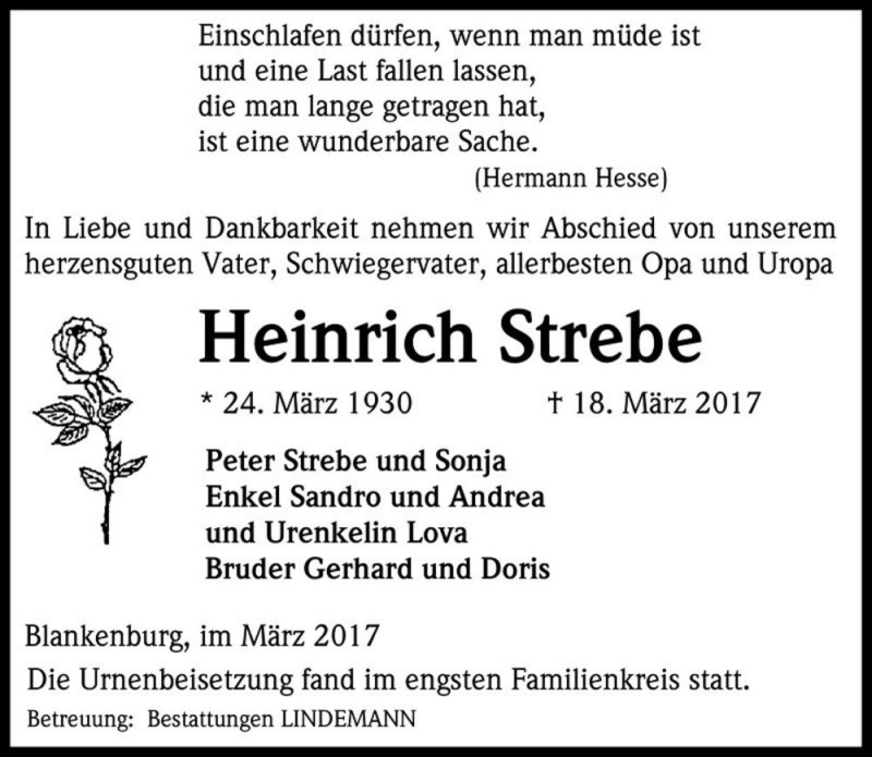  Traueranzeige für Heinrich Strebe  vom 08.04.2017 aus Magdeburger Volksstimme
