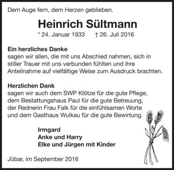 Traueranzeige von Heinrich Sültmann  von Magdeburger Volksstimme