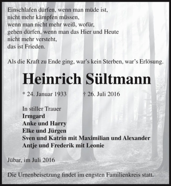 Traueranzeige von Heinrich Sültmann  von Magdeburger Volksstimme