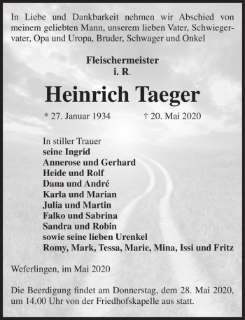 Traueranzeige von Heinrich Taeger  von Magdeburger Volksstimme
