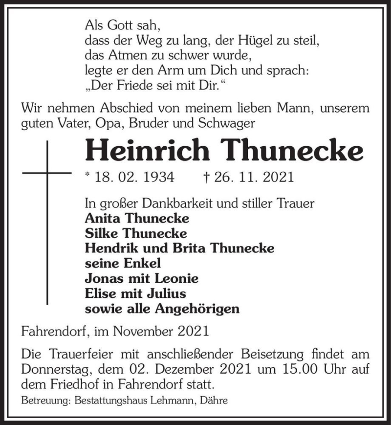  Traueranzeige für Heinrich Thunecke  vom 30.11.2021 aus Magdeburger Volksstimme
