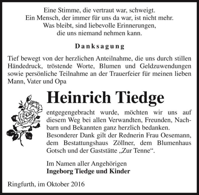  Traueranzeige für Heinrich Tiedge  vom 15.10.2016 aus Magdeburger Volksstimme
