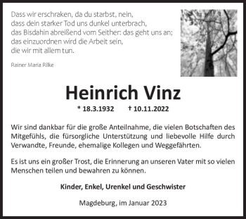 Traueranzeige von Heinrich Vinz  von Magdeburger Volksstimme