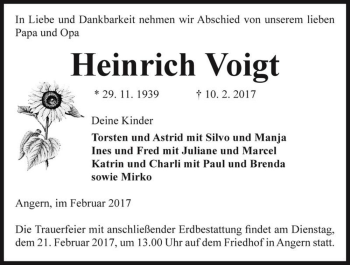 Traueranzeige von Heinrich Voigt  von Magdeburger Volksstimme