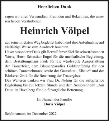 Traueranzeige von Heinrich Völpel  von Magdeburger Volksstimme