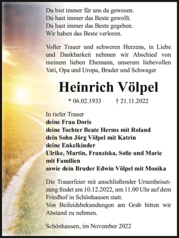 Traueranzeige von Heinrich Völpel  von Magdeburger Volksstimme