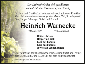Traueranzeige von Heinrich Warnecke  von Magdeburger Volksstimme