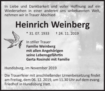 Traueranzeige von Heinrich Weinberg  von Magdeburger Volksstimme