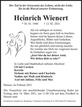 Traueranzeige von Heinrich Wienert  von Magdeburger Volksstimme
