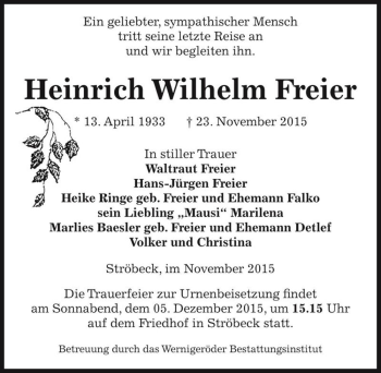 Traueranzeige von Heinrich Wilhelm Freier  von Magdeburger Volksstimme