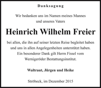 Traueranzeige von Heinrich Wilhelm Freier  von Magdeburger Volksstimme