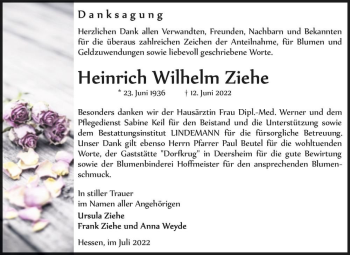 Traueranzeige von Heinrich Wilhelm Ziehe  von Magdeburger Volksstimme