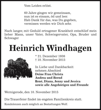 Traueranzeige von Heinrich Windhagen  von Magdeburger Volksstimme
