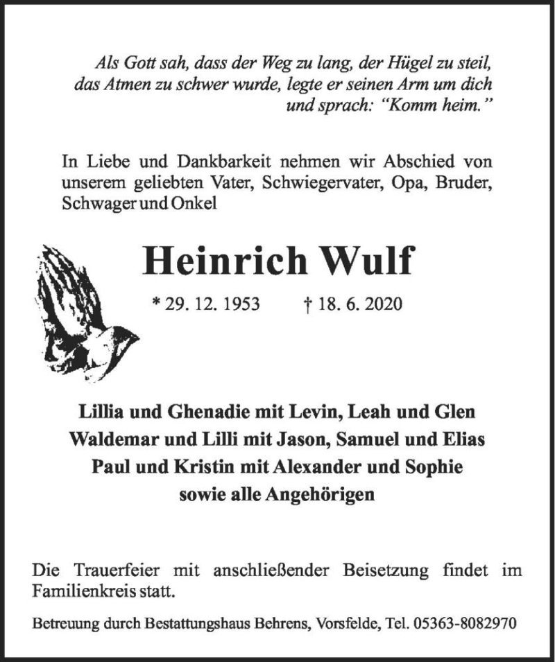  Traueranzeige für Heinrich Wulf  vom 23.06.2020 aus Magdeburger Volksstimme