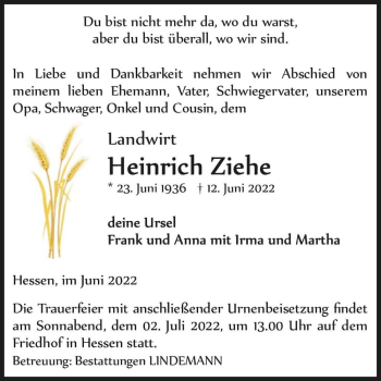 Traueranzeige von Heinrich Ziehe  von Magdeburger Volksstimme