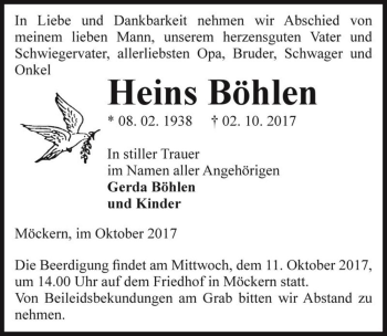 Traueranzeige von Heins Böhlen  von Magdeburger Volksstimme