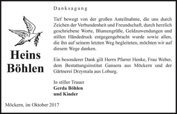 Traueranzeige von Heins Böhlen  von Magdeburger Volksstimme