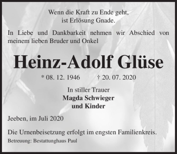 Traueranzeige von Heinz-Adolf Glüse  von Magdeburger Volksstimme