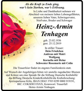 Traueranzeige von Heinz-Armin Tenhagen  von Magdeburger Volksstimme